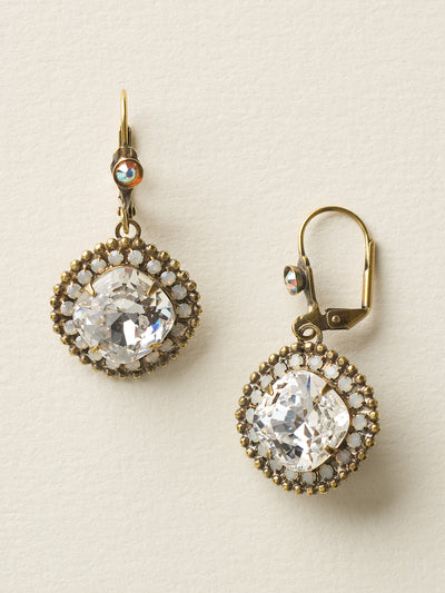 Cushion Cut Drop Dangle Earrings - ECB20AGWBR - Behold graceful glamour at its finest. A cushion cut crystal surrounded by round gemstones hangs from a decorative hinge back clasp. From Sorrelli's White Bridal collection in our Antique Gold-tone finish.
