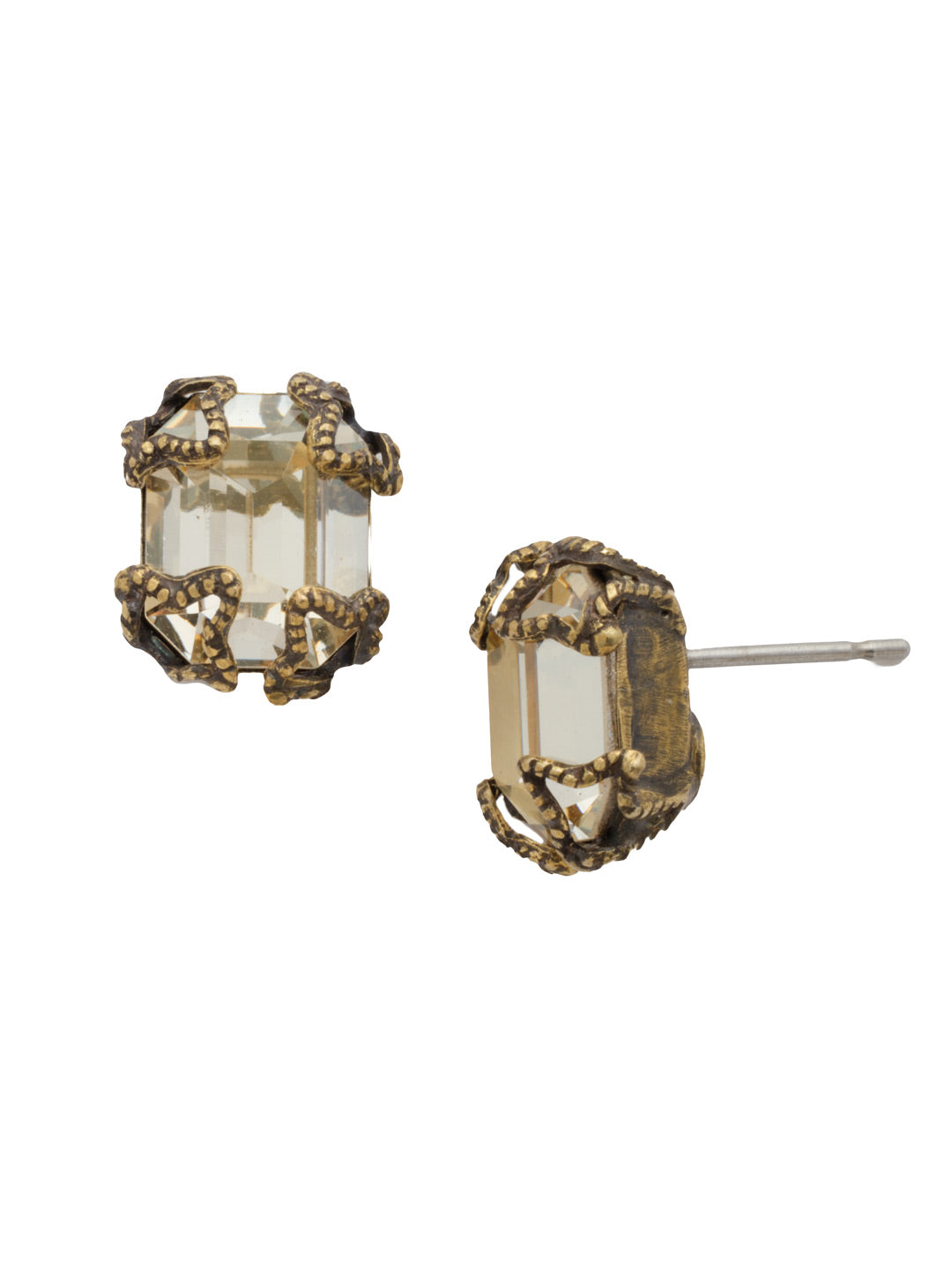 Antique-Inspired Emerald Cut Button Earring - ECF11AGMIR - This cute-as-a-button style features a simple emerald cut crustal highlighted by a delicate, detailed setting. From Sorrelli's Mirage collection in our Antique Gold-tone finish.