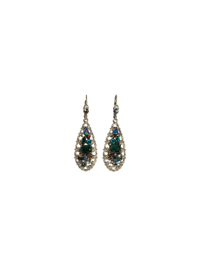 Filigree Dangle Earring - ECF19ASEMC - A pear shaped filigree setting features baguette and round crystals in this classic design. From Sorrelli's Emerald City collection in our Antique Silver-tone finish.