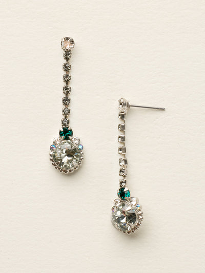 Crystal Strand Earring - ECG3ASVR - Glitter all the way down to your shoulders with these crystal strand earrings. From the post, a crystal chain drops down and is anchored by a large cushion cut stone with crystal clusters at the top of the piece and an antique raised ball edging at the bottom.