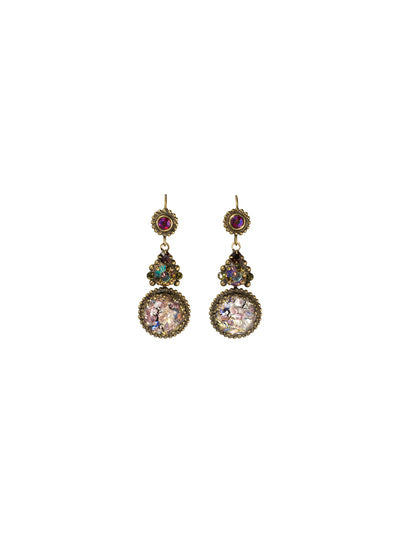 A Perfect Circle Stone Drop Earring - ECJ21AGTAP - These earrings are a statement piece featuring a bold and beautiful antique design. French wire hook is decorated with an antique inspired flower dotted in the center by a bezel set crystal. Below it hangs a crystal cluster decorated by round ball edging that is joined to a circular cabochon set within an intricate antique inspired frame. Pair with Antique Flower Necklace for ultimate wow-factor.