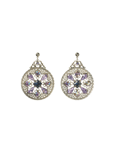 Filigree and Fancy Free Earring - ECP28ASHY - Post earrings with plenty of flare! Crystals sit in a circular setting with an ornate filigree design. Feel free to dance the night away while these charms shimmer in the moonlight! From Sorrelli's Hydrangea collection in our Antique Silver-tone finish.