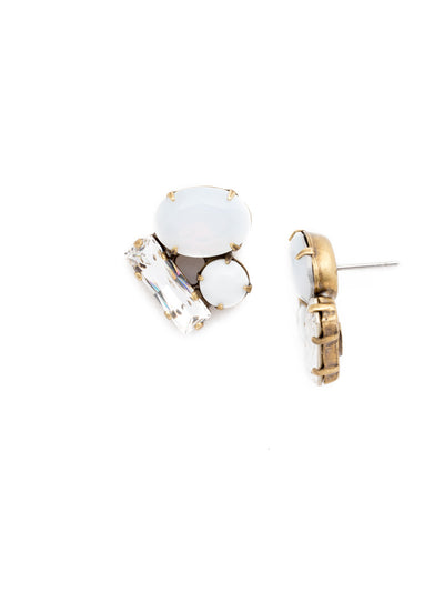 Abstract Gem Earring - ECT18AGPLU - This simplistic, chic post earring showcases abstraction at its finest. Baguette, oval and round cut stones are clustered together at the front and center of this post earring. Exudes style at every angle!