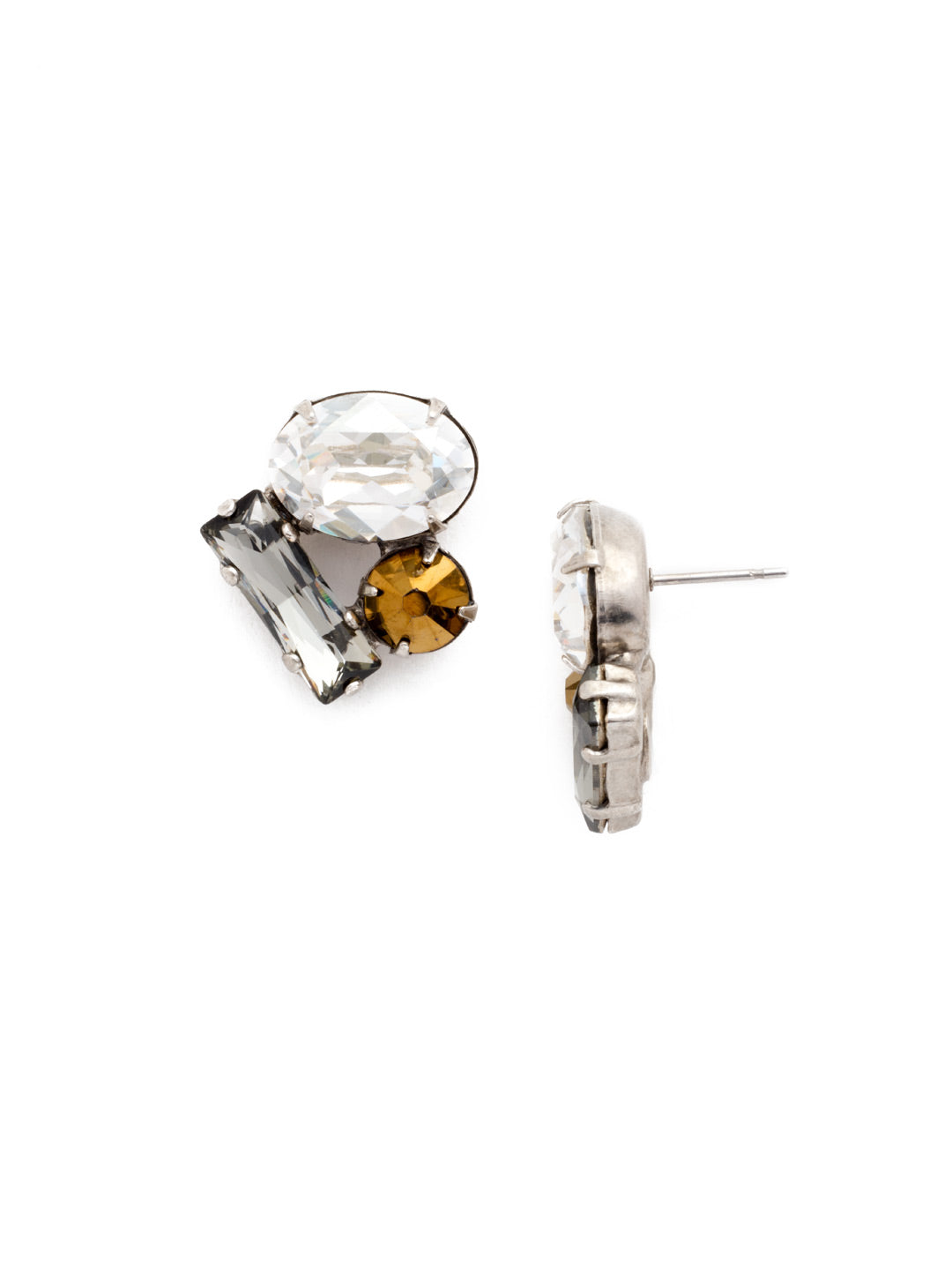 Abstract Gem Earring - ECT18ASGV - This simplistic, chic post earring showcases abstraction at its finest. Baguette, oval and round cut stones are clustered together at the front and center of this post earring. Exudes style at every angle!