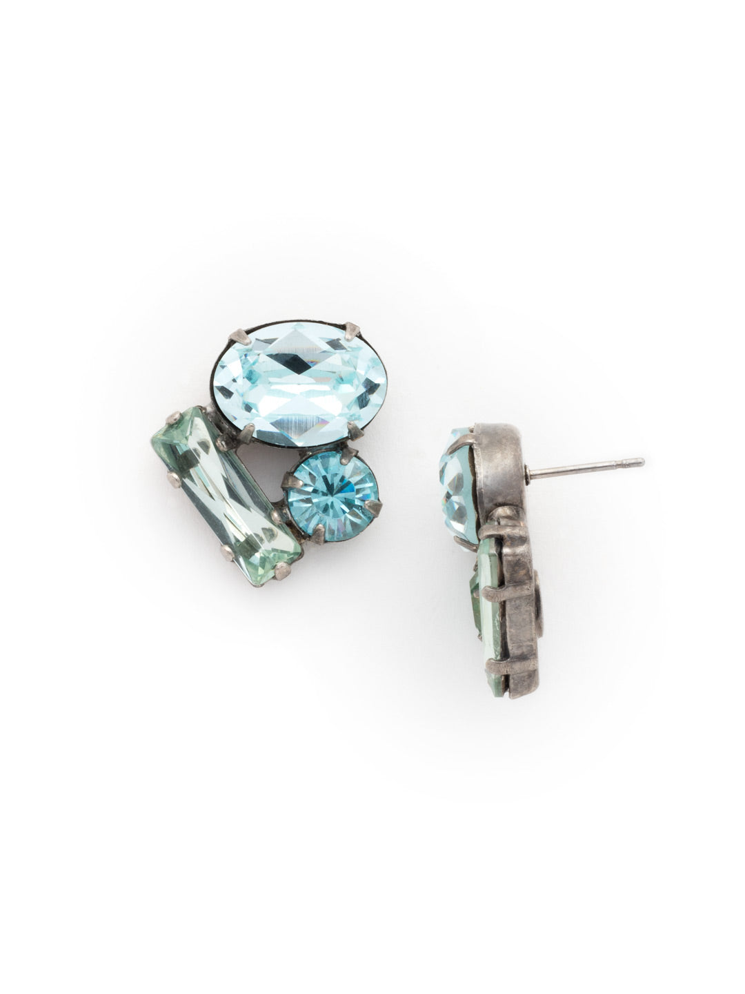 Abstract Gem Earring - ECT18ASTT - This simplistic, chic post earring showcases abstraction at its finest. Baguette, oval and round cut stones are clustered together at the front and center of this post earring. Exudes style at every angle!