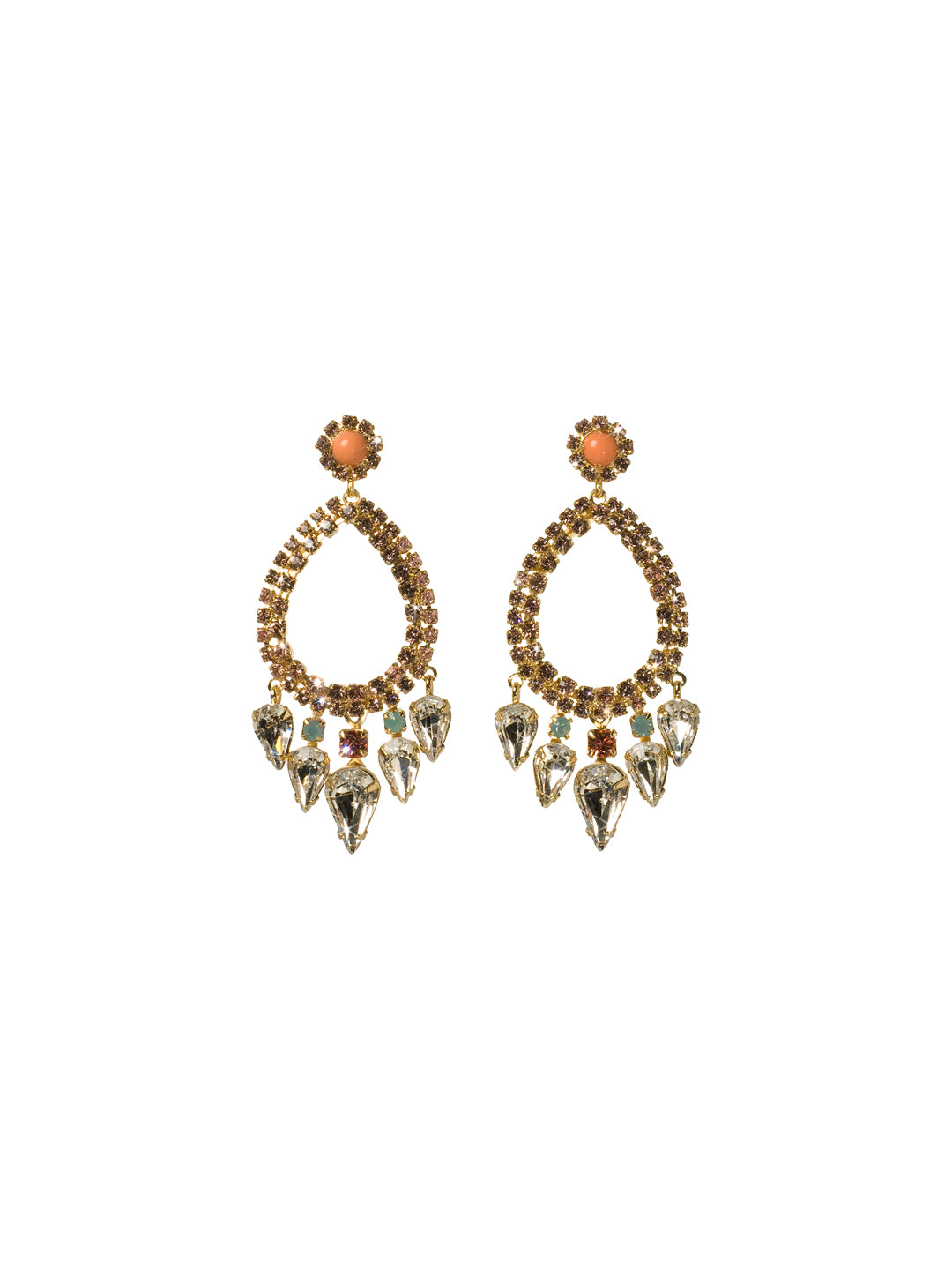 Outlined Teardrop Statement Earrings - ECU21BGCOR - From a floral inspired post hangs a delicate pear shaped outline of crystals. Small teardrop shaped crystals hang from the bottom creating a shimmering chandelier look. From Sorrelli's Coral Reef collection in our Bright Gold-tone finish.
