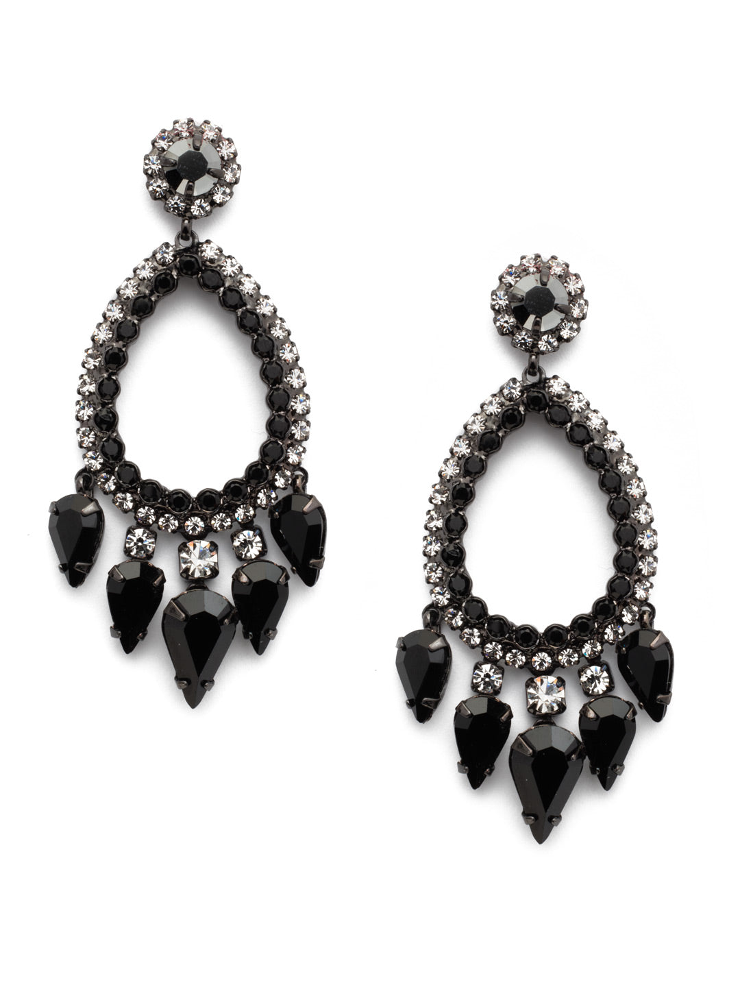 Outlined Teardrop Statement Earrings - ECU21GMMMO - From a floral inspired post hangs a delicate pear shaped outline of crystals. Small teardrop shaped crystals hang from the bottom creating a shimmering chandelier look. From Sorrelli's Midnight Moon collection in our Gun Metal finish.