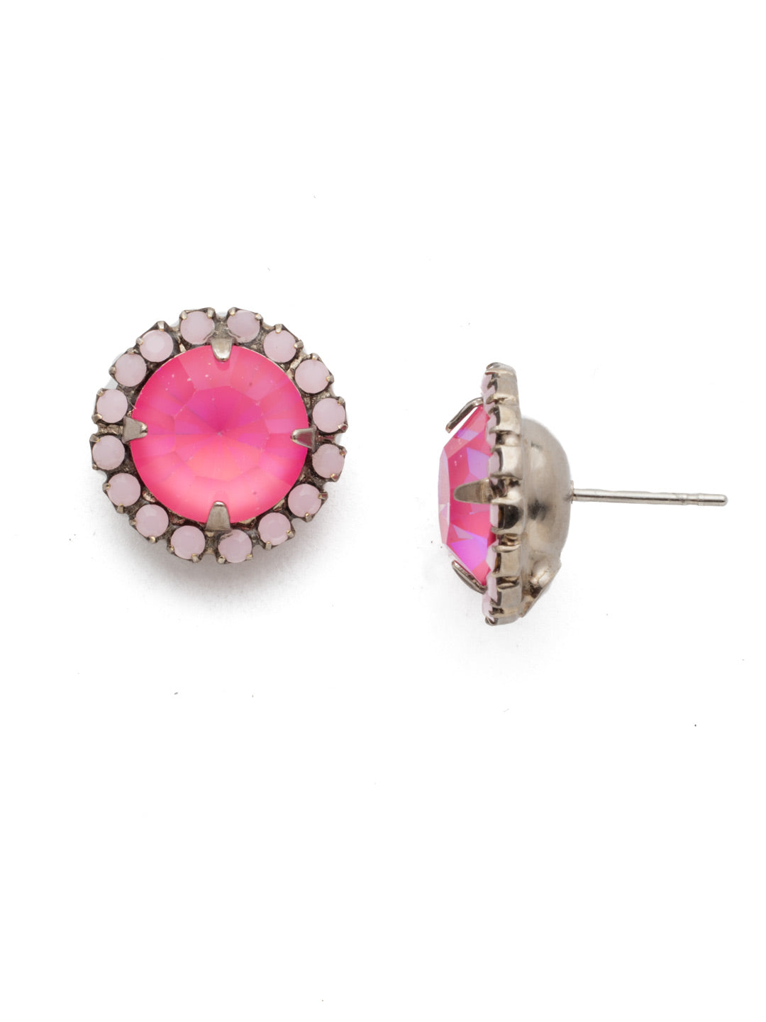 Haute Halo Stud Earring - ECX98ASETP - A central round crystal with an elegant halo of gems embodies elegance and style. From Sorrelli's Electric Pink collection in our Antique Silver-tone finish.