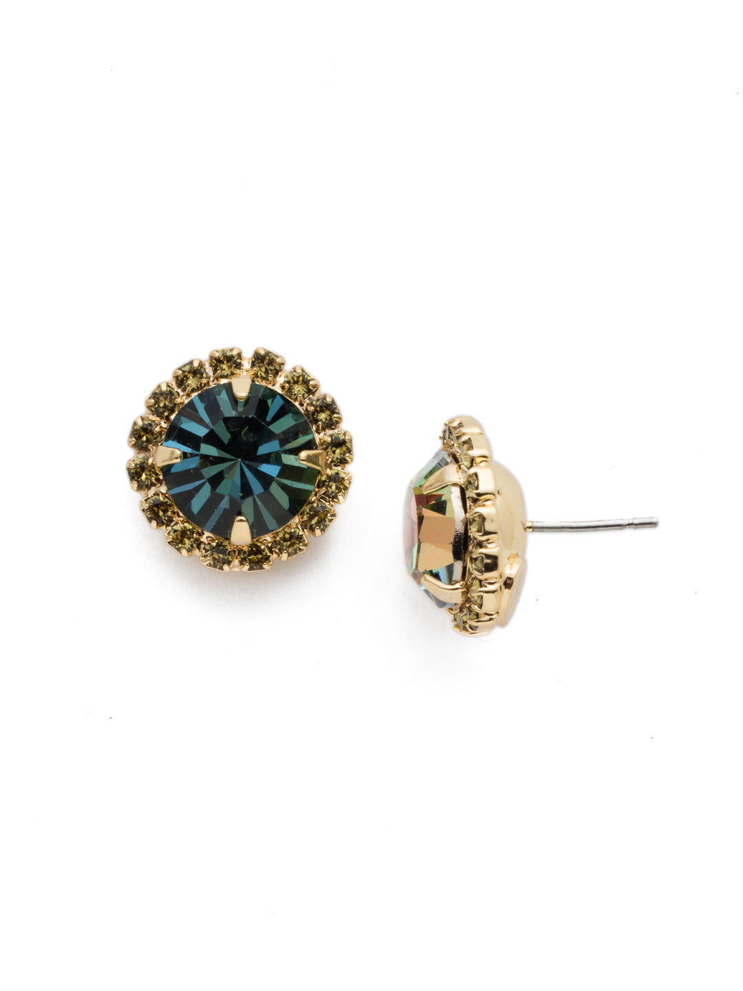 Haute Halo Stud Earring - ECX98BGCSM - A central round crystal with an elegant halo of gems embodies elegance and style. From Sorrelli's Cashmere collection in our Bright Gold-tone finish.