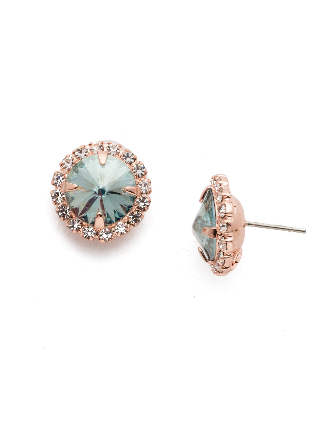 Haute Halo Stud Earring - ECX98RGCAZ - A central round crystal with an elegant halo of gems embodies elegance and style. From Sorrelli's Crystal Azure collection in our Rose Gold-tone finish.
