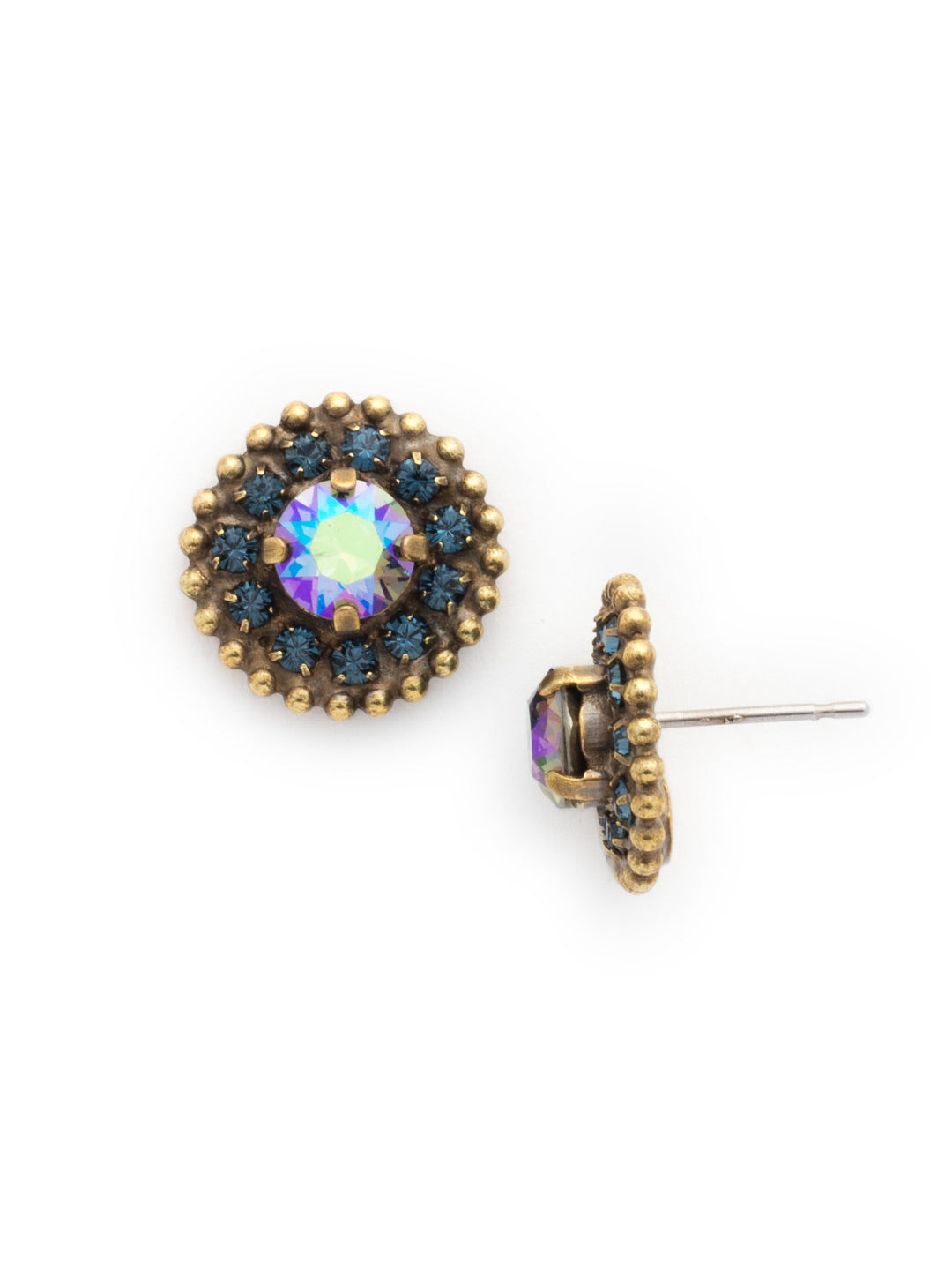 Accented Round Crystal Post Earring - ECY18AGDBL - Gem packed sparkle! These circular post earrings feature a central round crystal surrounded by rings of rhinestone chain and ball shot chain.