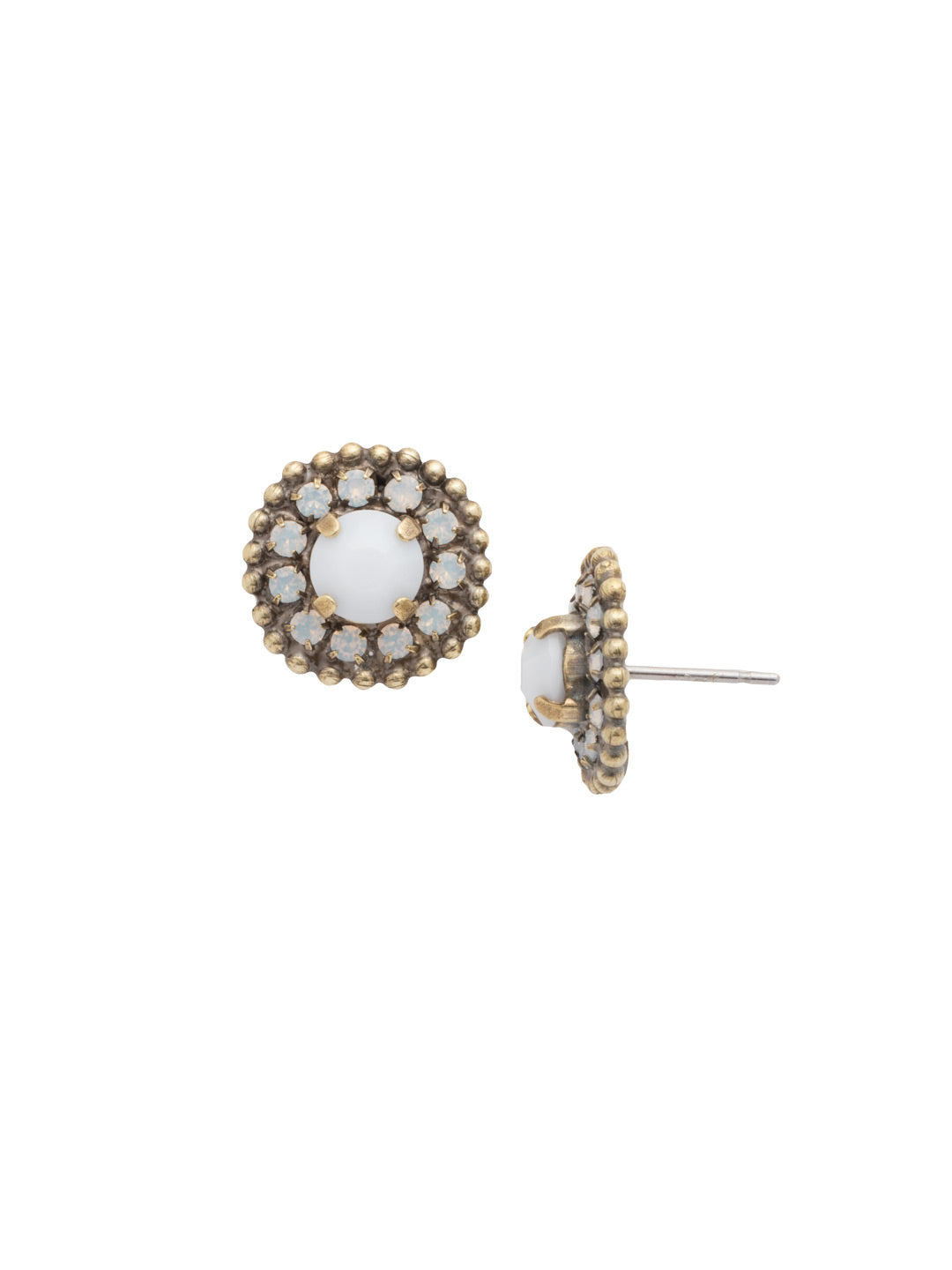 Accented Round Crystal Post Earring - ECY18AGPLU - Gem packed sparkle! These circular post earrings feature a central round crystal surrounded by rings of rhinestone chain and ball shot chain.
