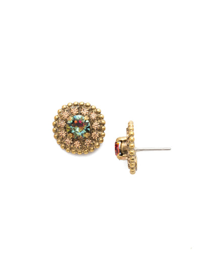 Accented Round Crystal Stud Earrings - ECY18AGVO - <p>Gem packed sparkle! These circular post earrings feature a central round crystal surrounded by rings of rhinestone chain and ball shot chain. From Sorrelli's Volcano collection in our Antique Gold-tone finish.</p>