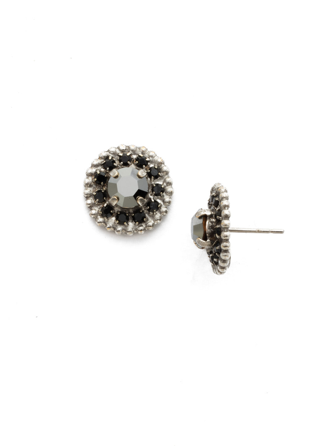 Accented Round Crystal Stud Earrings - ECY18ASBON - <p>Gem packed sparkle! These circular post earrings feature a central round crystal surrounded by rings of rhinestone chain and ball shot chain. From Sorrelli's Black Onyx collection in our Antique Silver-tone finish.</p>