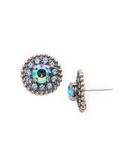 Accented Round Crystal Post Earring - ECY18ASIB - Gem packed sparkle! These circular post earrings feature a central round crystal surrounded by rings of rhinestone chain and ball shot chain.