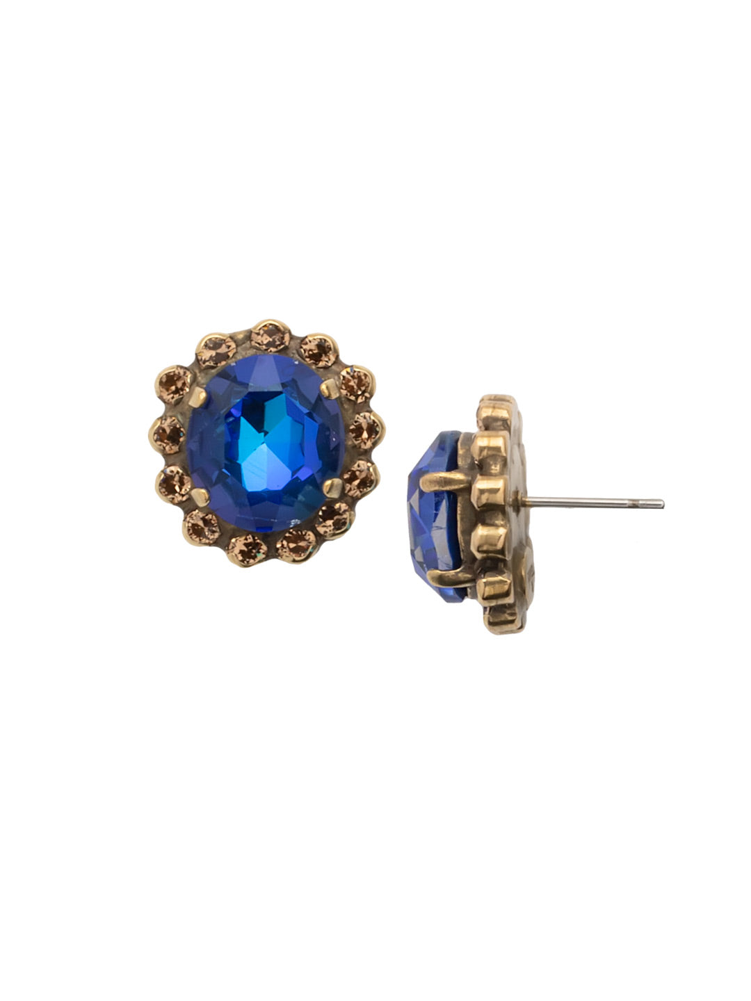 Graycen Round Stud Earring - ECY5AGVBN - <p>The Graycen Round Stud Earrings feature a round halo cut crystal on a post. From Sorrelli's Venice Blue collection in our Antique Gold-tone finish.</p>