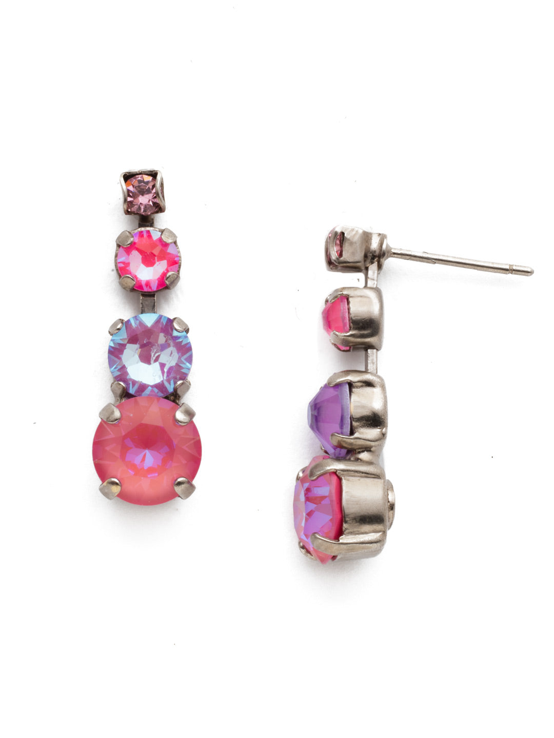 Descending Round Dangle Earrings - EDA14ASETP - A classic beauty! These petite drops feature multi-sized round crystals in a descending pattern. From Sorrelli's Electric Pink collection in our Antique Silver-tone finish.