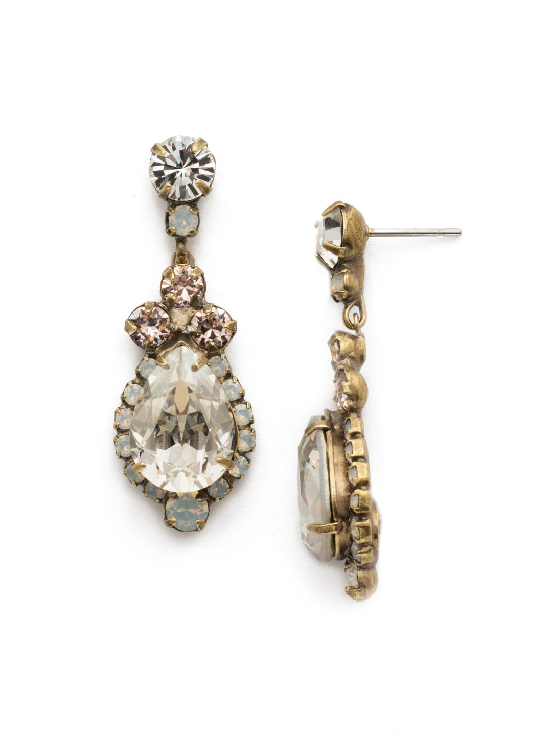 Central Teardrop and Round Crystal Dangle Earrings - EDA55AGCLA - Drops of dazzle! A teardrop shaped crystal surrounded by rhinestones dangle from a round crystal post. From Sorrelli's Crystal Lace collection in our Antique Gold-tone finish.