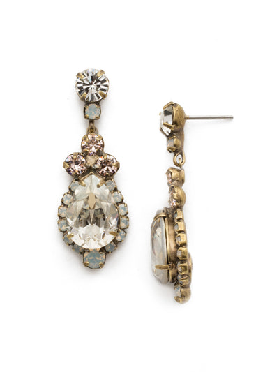 Central Teardrop and Round Crystal Dangle Earrings - EDA55AGCLA - Drops of dazzle! A teardrop shaped crystal surrounded by rhinestones dangle from a round crystal post. From Sorrelli's Crystal Lace collection in our Antique Gold-tone finish.