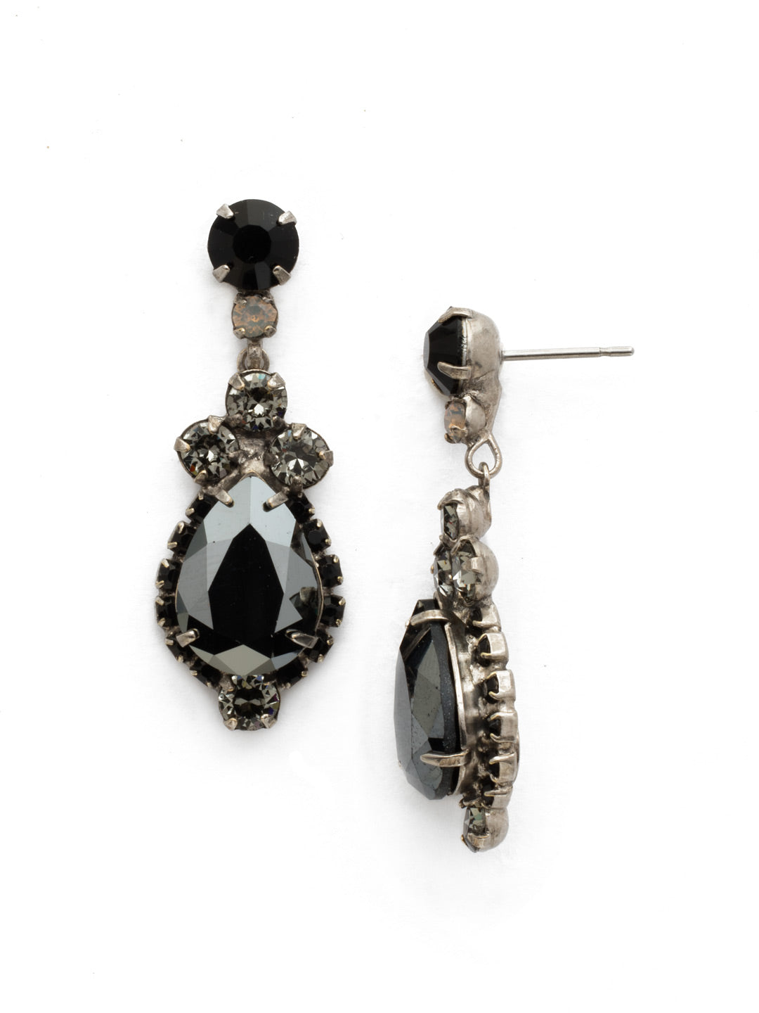 Central Teardrop and Round Crystal Dangle Earrings - EDA55ASBON - <p>Drops of dazzle! A teardrop shaped crystal surrounded by rhinestones dangle from a round crystal post. From Sorrelli's Black Onyx collection in our Antique Silver-tone finish.</p>
