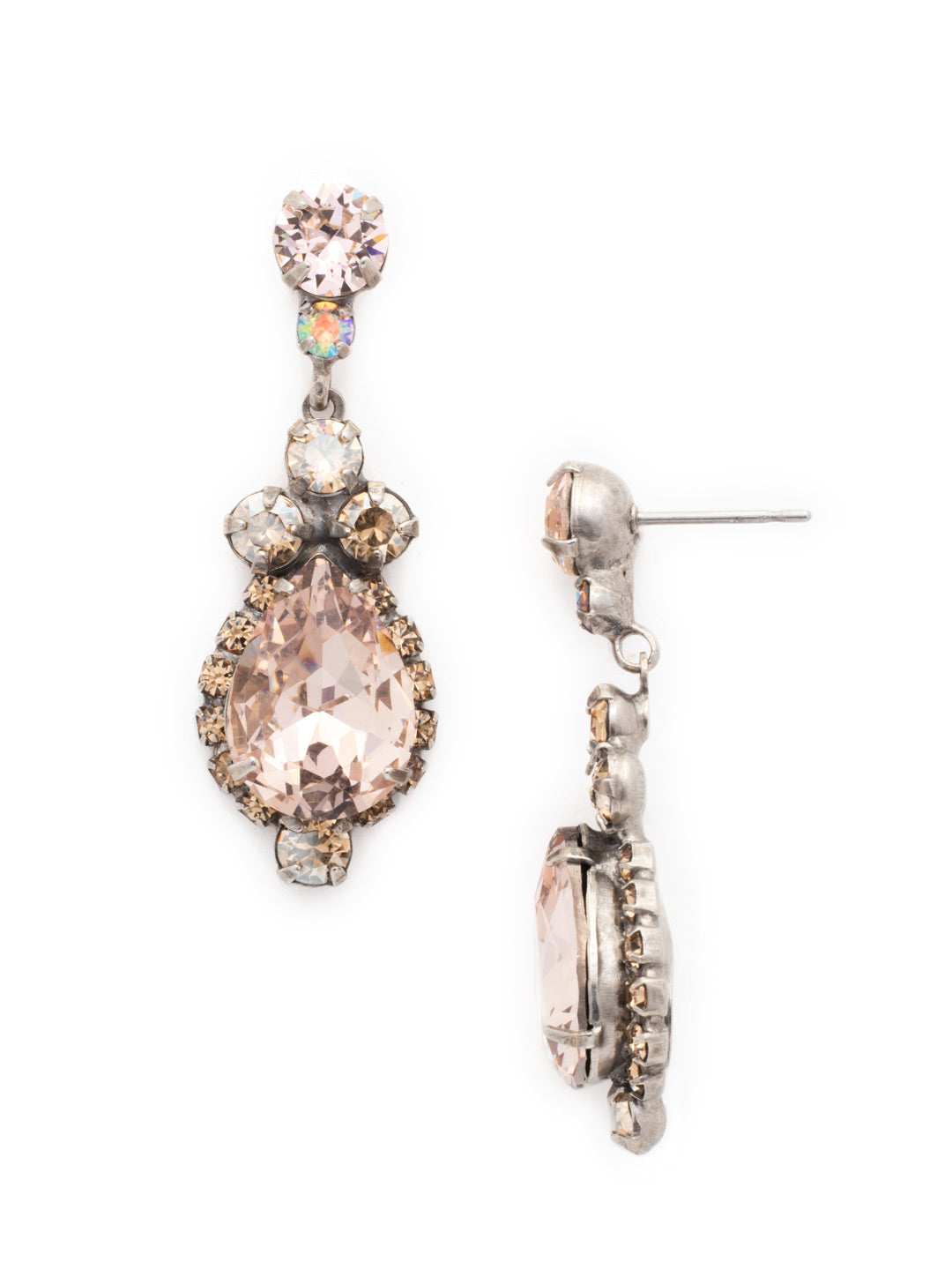 Central Teardrop and Round Crystal Dangle Earrings - EDA55ASSND - Drops of dazzle! A teardrop shaped crystal surrounded by rhinestones dangle from a round crystal post. From Sorrelli's Sand Dune collection in our Antique Silver-tone finish.