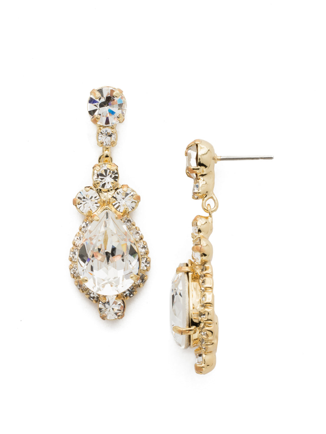 Central Teardrop and Round Crystal Dangle Earrings - EDA55BGCRY - <p>Drops of dazzle! A teardrop shaped crystal surrounded by rhinestones dangle from a round crystal post. From Sorrelli's Crystal collection in our Bright Gold-tone finish.</p>