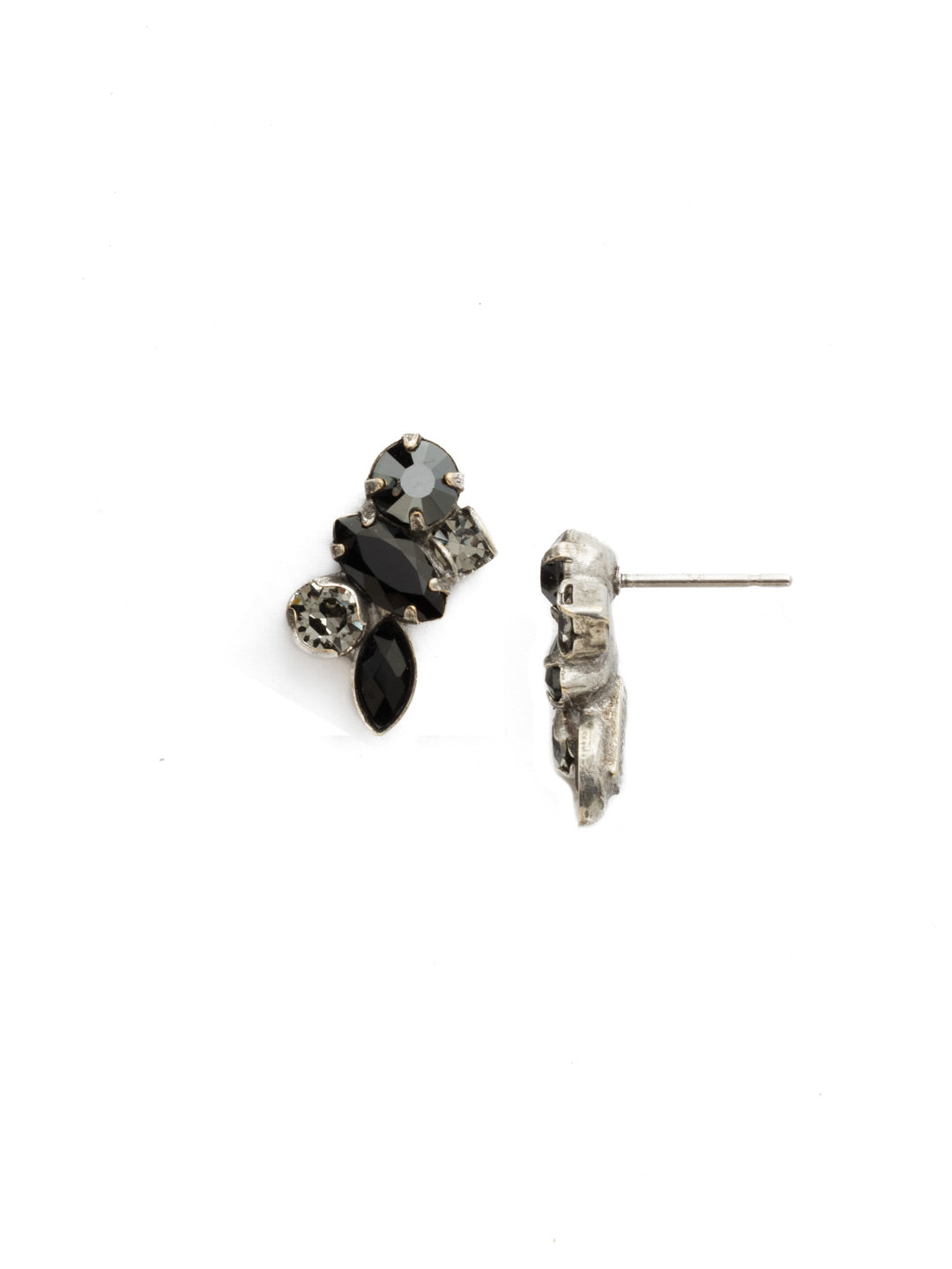 Petite Crystal Cluster Post Earrings - EDG5ASBON - <p>These clustered post earrings feature a single semi-precious navette cut stone at the bottom of a stack of crystals. This combination forms a delicate cluster that will beautifully adorn your ears. From Sorrelli's Black Onyx collection in our Antique Silver-tone finish.</p>