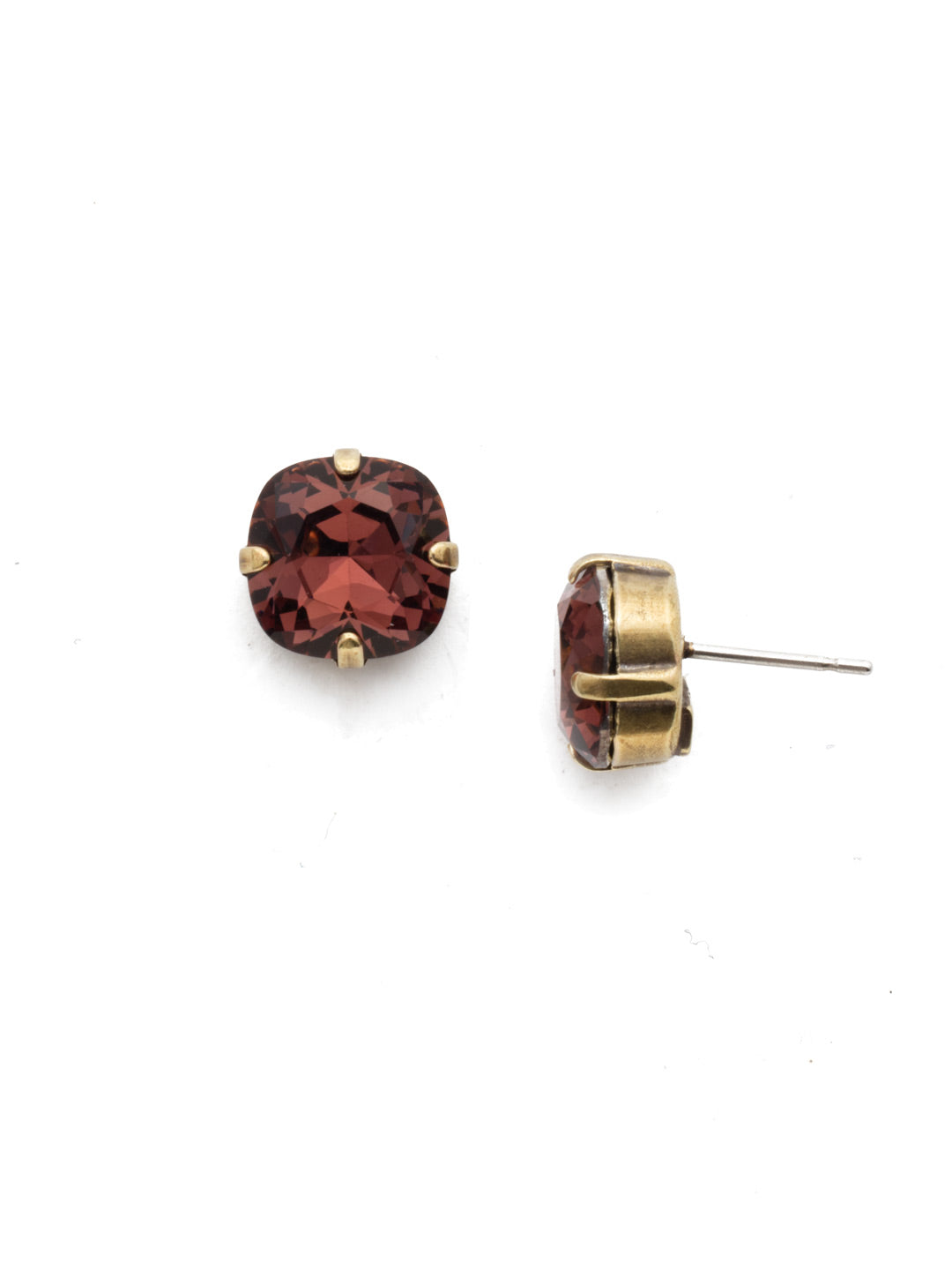 Halcyon Stud Earrings - EDH25AGBUR - A beautiful, luminous cushion-cut crystal in a classic four-pronged setting that's ideal for everyday wear. From Sorrelli's Burgundy collection in our Antique Gold-tone finish.