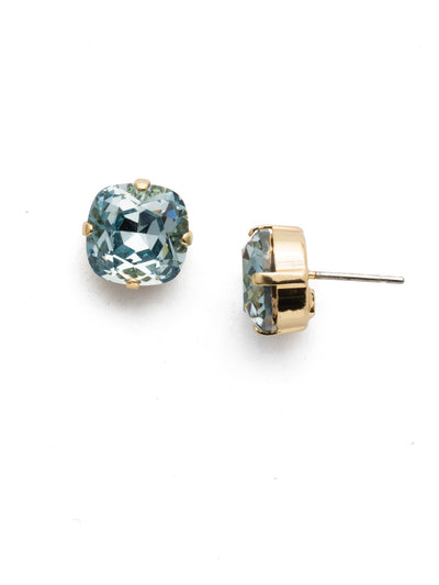 Halcyon Stud Earrings - EDH25BGLAQ - A beautiful, luminous cushion-cut crystal in a classic four-pronged setting that's ideal for everyday wear. From Sorrelli's Light Aqua collection in our Bright Gold-tone finish.
