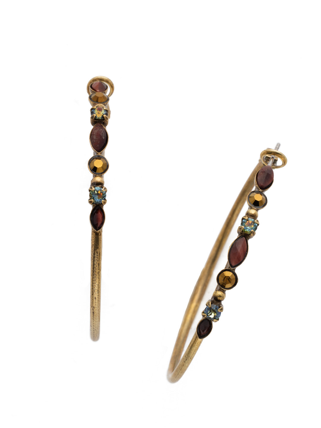 Mixed Media Hoop Earrings - EDK40AGM - Hoop earrings with a line of assorted crystals and semi-precious stones that will add the perfect hint of sparkle to your look.
