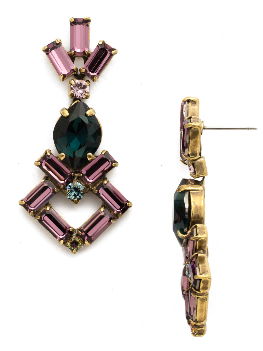 Artisanal Dangle Earrings - EDK42AGROP - This unique design includes a large central oval crystal outlined with a ray of baguette and round crystals. This earring will be sure to make a statement with its exotic style. From Sorrelli's Royal Plum collection in our Antique Gold-tone finish.
