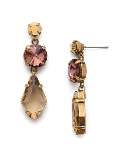 Rhombus Roundabout Dangle Earrings - EDK58AGMMA - <p>One petite round crystal sits above a larger rounded crystal accompanied by a diamond shaped crystal hanging below in this simply stated french wire earring. From Sorrelli's Mighty Maroon collection in our Antique Gold-tone finish.</p>
