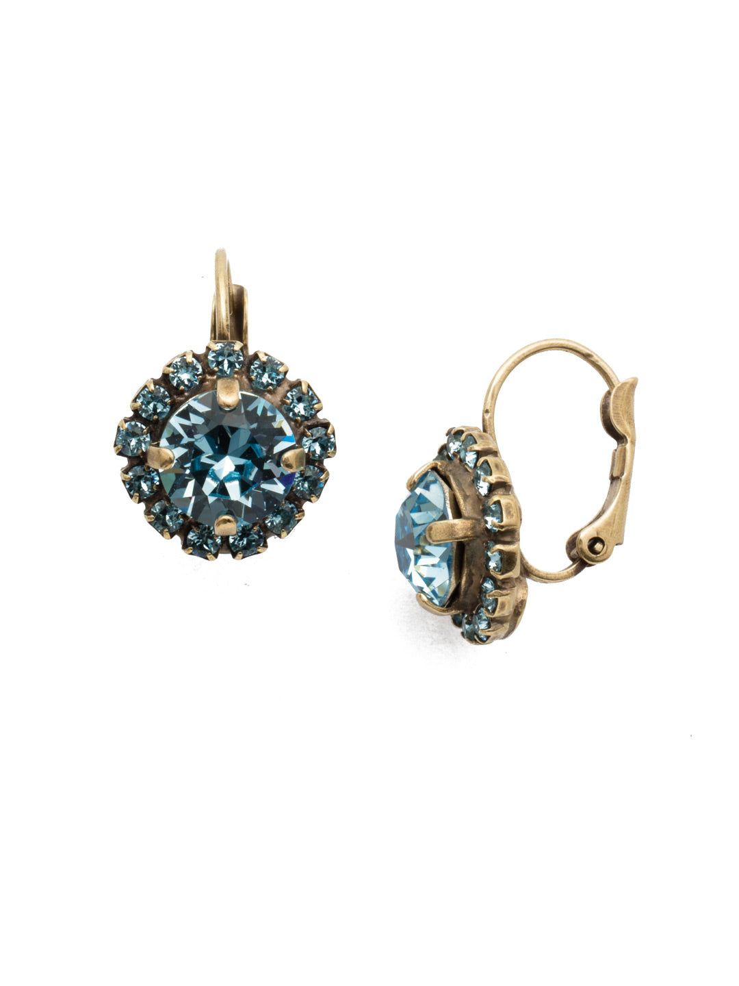 Haute Halo Dangle Earrings - EDL10AGAQU - <p>A central round crystal with an elegant halo of gems embodies elegance and style. From Sorrelli's Aquamarine collection in our Antique Gold-tone finish.</p>