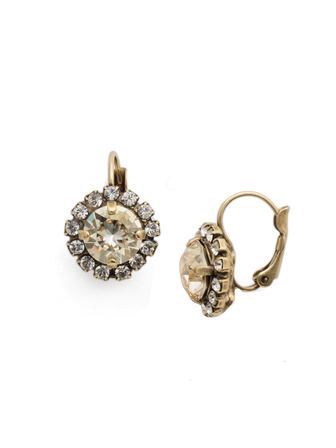 Haute Halo Dangle Earrings - EDL10AGCCH - <p>A central round crystal with an elegant halo of gems embodies elegance and style. From Sorrelli's Crystal Champagne collection in our Antique Gold-tone finish.</p>