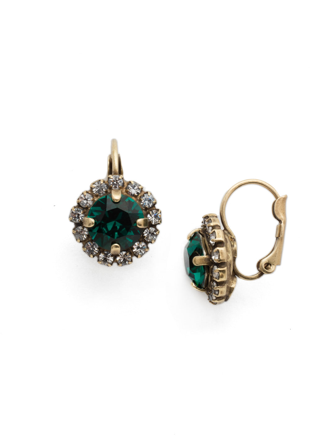 Haute Halo Dangle Earrings - EDL10AGEME - <p>A central round crystal with an elegant halo of gems embodies elegance and style. From Sorrelli's Emerald collection in our Antique Gold-tone finish.</p>