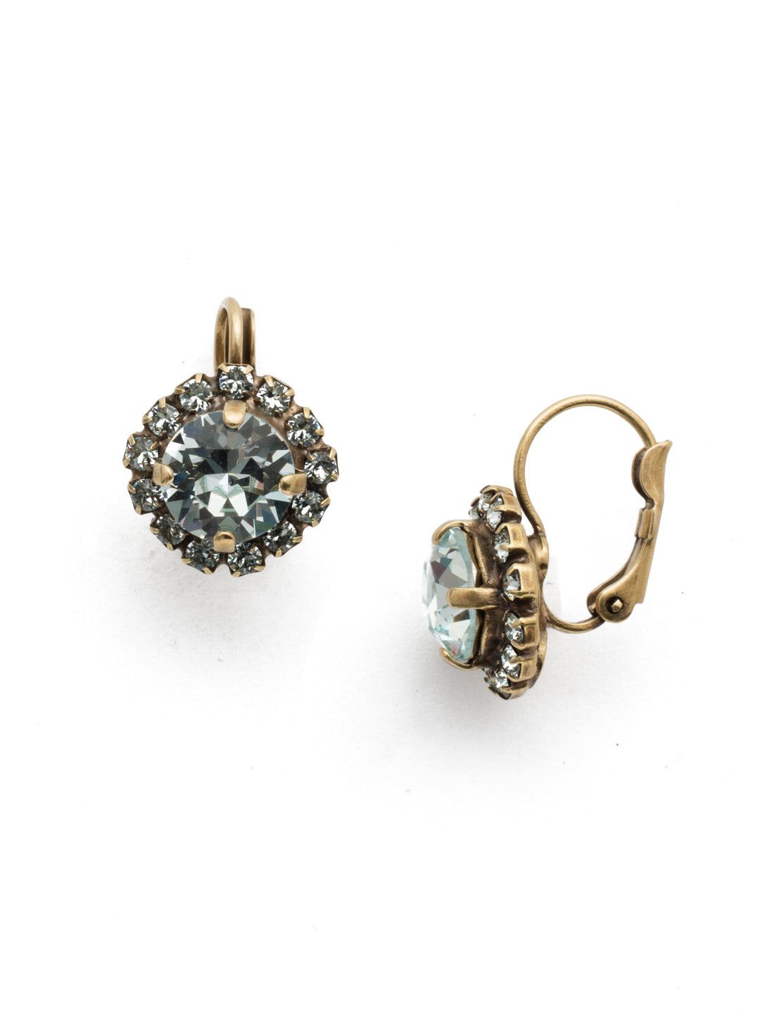 Haute Halo Dangle Earrings - EDL10AGLAQ - <p>A central round crystal with an elegant halo of gems embodies elegance and style. From Sorrelli's Light Aqua collection in our Antique Gold-tone finish.</p>