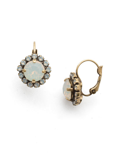 Haute Halo Dangle Earrings - EDL10AGWO - <p>A central round crystal with an elegant halo of gems embodies elegance and style. From Sorrelli's White Opal collection in our Antique Gold-tone finish.</p>