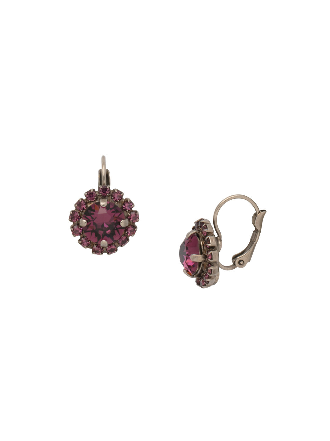 Haute Halo Dangle Earrings - EDL10ASAM - <p>A central round crystal with an elegant halo of gems embodies elegance and style. From Sorrelli's Amethyst collection in our Antique Silver-tone finish.</p>