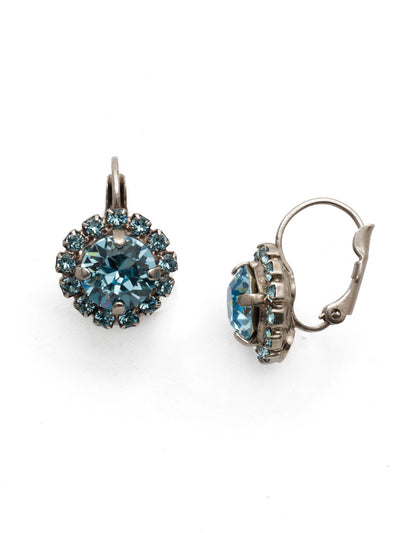 Haute Halo Dangle Earrings - EDL10ASAQU - <p>A central round crystal with an elegant halo of gems embodies elegance and style. From Sorrelli's Aquamarine collection in our Antique Silver-tone finish.</p>