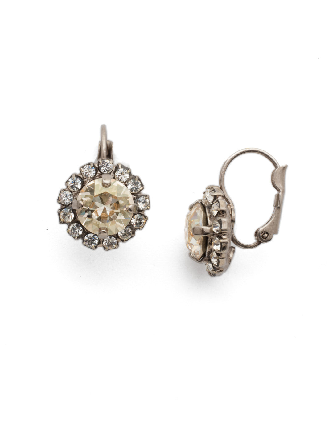 Haute Halo Dangle Earrings - EDL10ASCCH - <p>A central round crystal with an elegant halo of gems embodies elegance and style. From Sorrelli's Crystal Champagne collection in our Antique Silver-tone finish.</p>