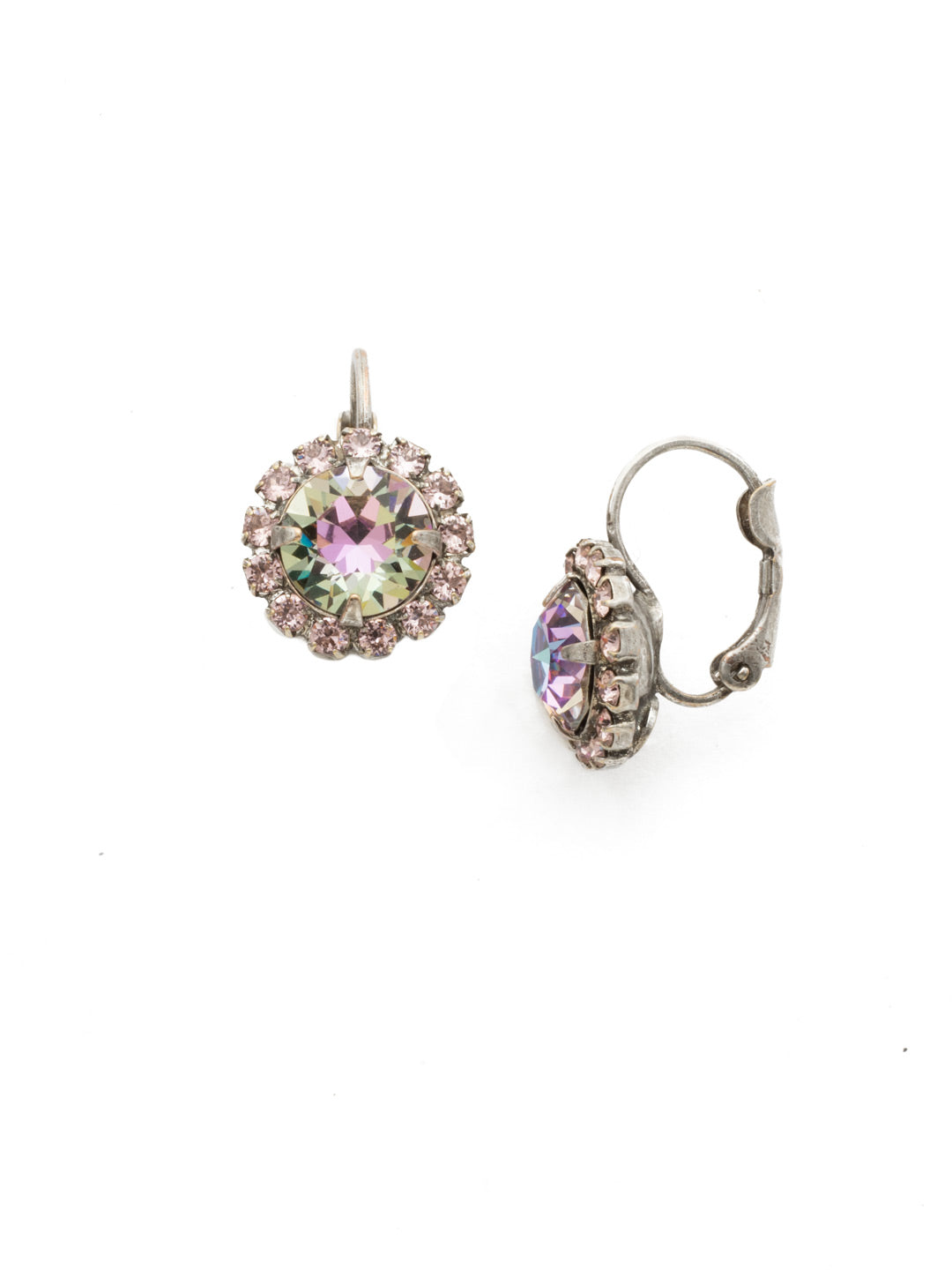 Haute Halo Dangle Earrings - EDL10ASLPA - <p>A central round crystal with an elegant halo of gems embodies elegance and style. From Sorrelli's Lilac Pastel collection in our Antique Silver-tone finish.</p>