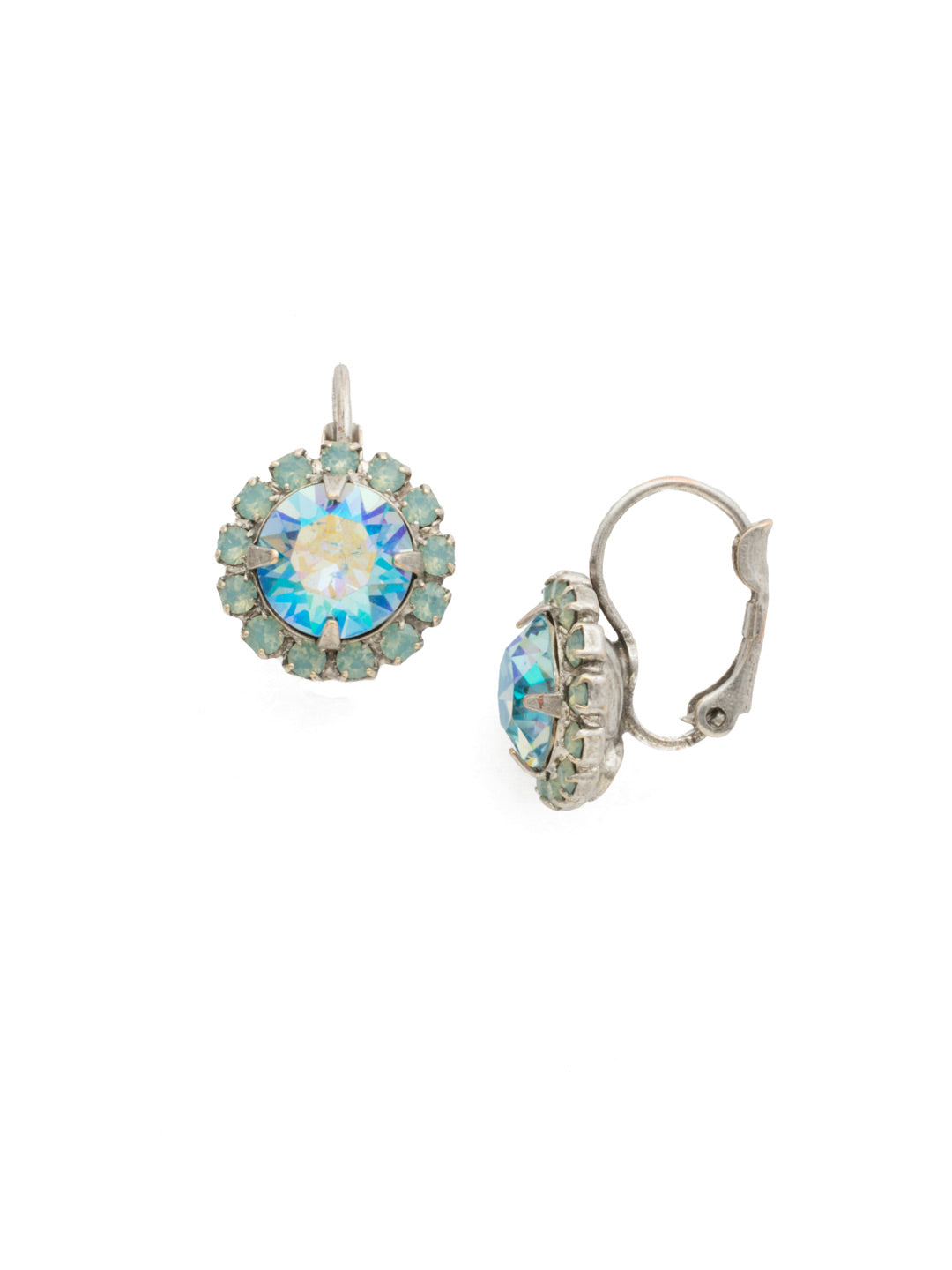 Haute Halo Dangle Earrings - EDL10ASSMN - <p>A central round crystal with an elegant halo of gems embodies elegance and style. From Sorrelli's Sweet Mint collection in our Antique Silver-tone finish.</p>