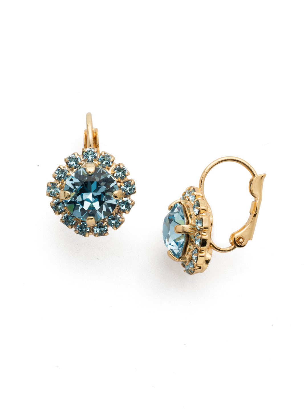 Haute Halo Dangle Earrings - EDL10BGAQU - <p>A central round crystal with an elegant halo of gems embodies elegance and style. From Sorrelli's Aquamarine collection in our Bright Gold-tone finish.</p>