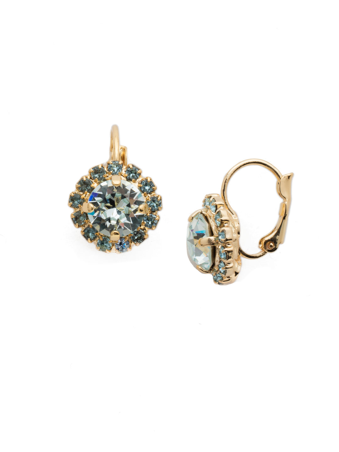 Haute Halo Dangle Earrings - EDL10BGLAQ - <p>A central round crystal with an elegant halo of gems embodies elegance and style. From Sorrelli's Light Aqua collection in our Bright Gold-tone finish.</p>