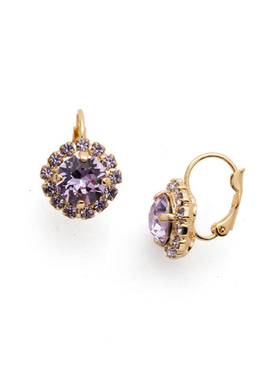 Haute Halo Dangle Earrings - EDL10BGVI - <p>A central round crystal with an elegant halo of gems embodies elegance and style. From Sorrelli's Violet collection in our Bright Gold-tone finish.</p>