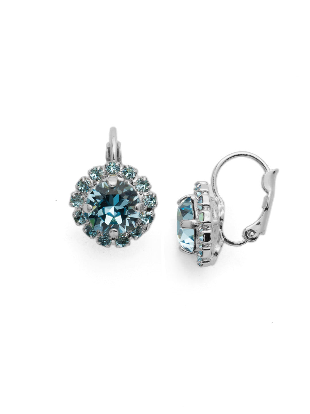 Haute Halo Dangle Earrings - EDL10PDAQU - <p>A central round crystal with an elegant halo of gems embodies elegance and style. From Sorrelli's Aquamarine collection in our Palladium finish.</p>