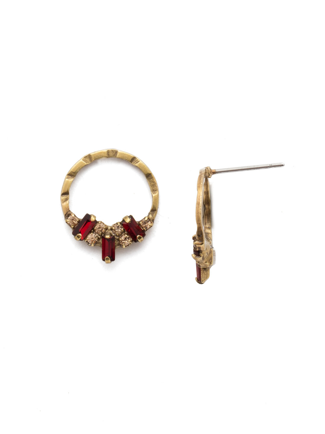 Mini Haute Hammered Stud Earrings - EDL28AGMMA - A hammered circular post earring encrusted with brilliant baguette crystals makes even an everyday look feel special. From Sorrelli's Mighty Maroon collection in our Antique Gold-tone finish.