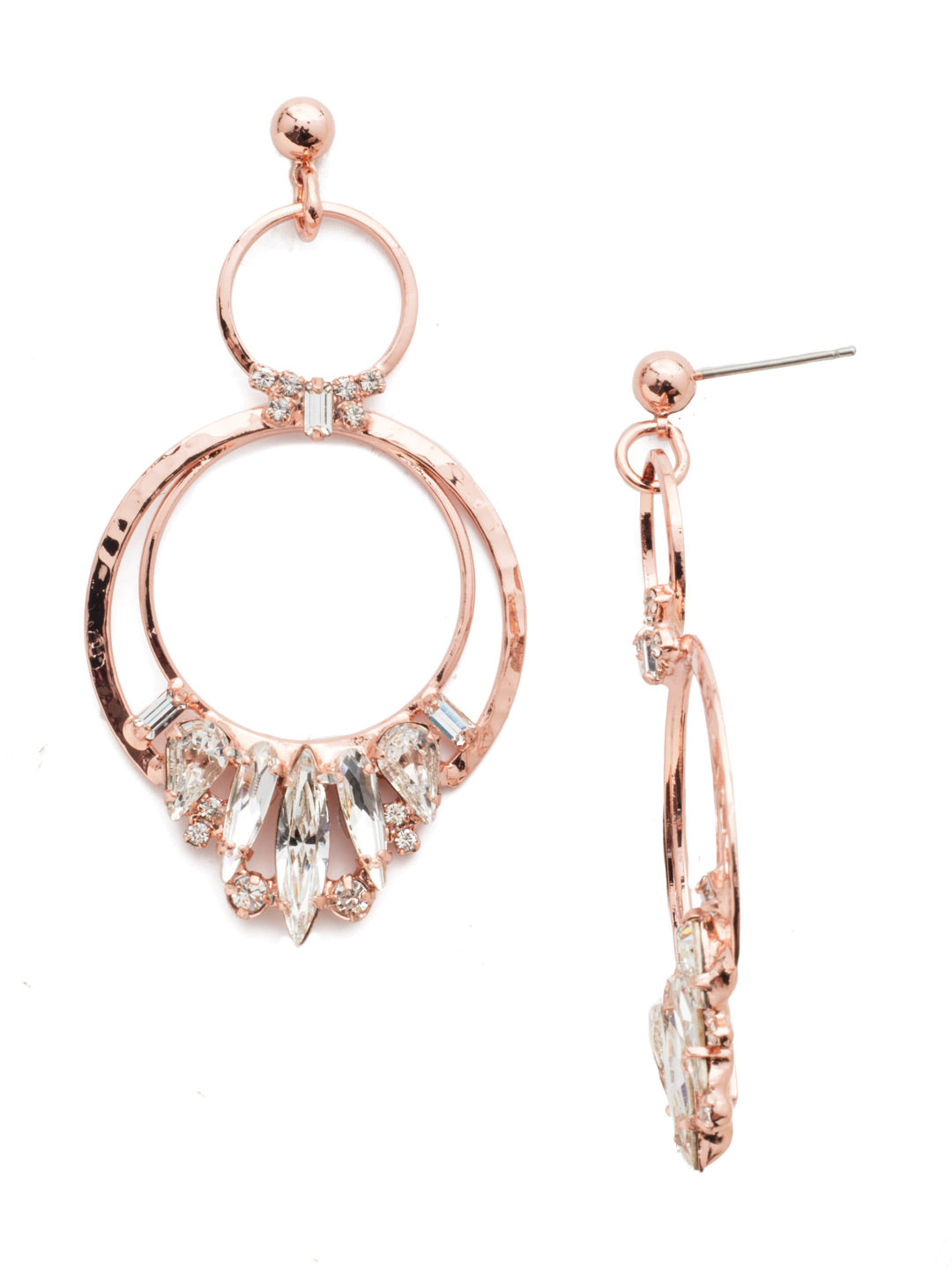 Rolling Stones Dangle Earrings - EDM69RGCRY - <p>Three circular hammered rings are adorned with elongated pointed crystals, petite rounds and dainty baguettes. From Sorrelli's Crystal collection in our Rose Gold-tone finish.</p>