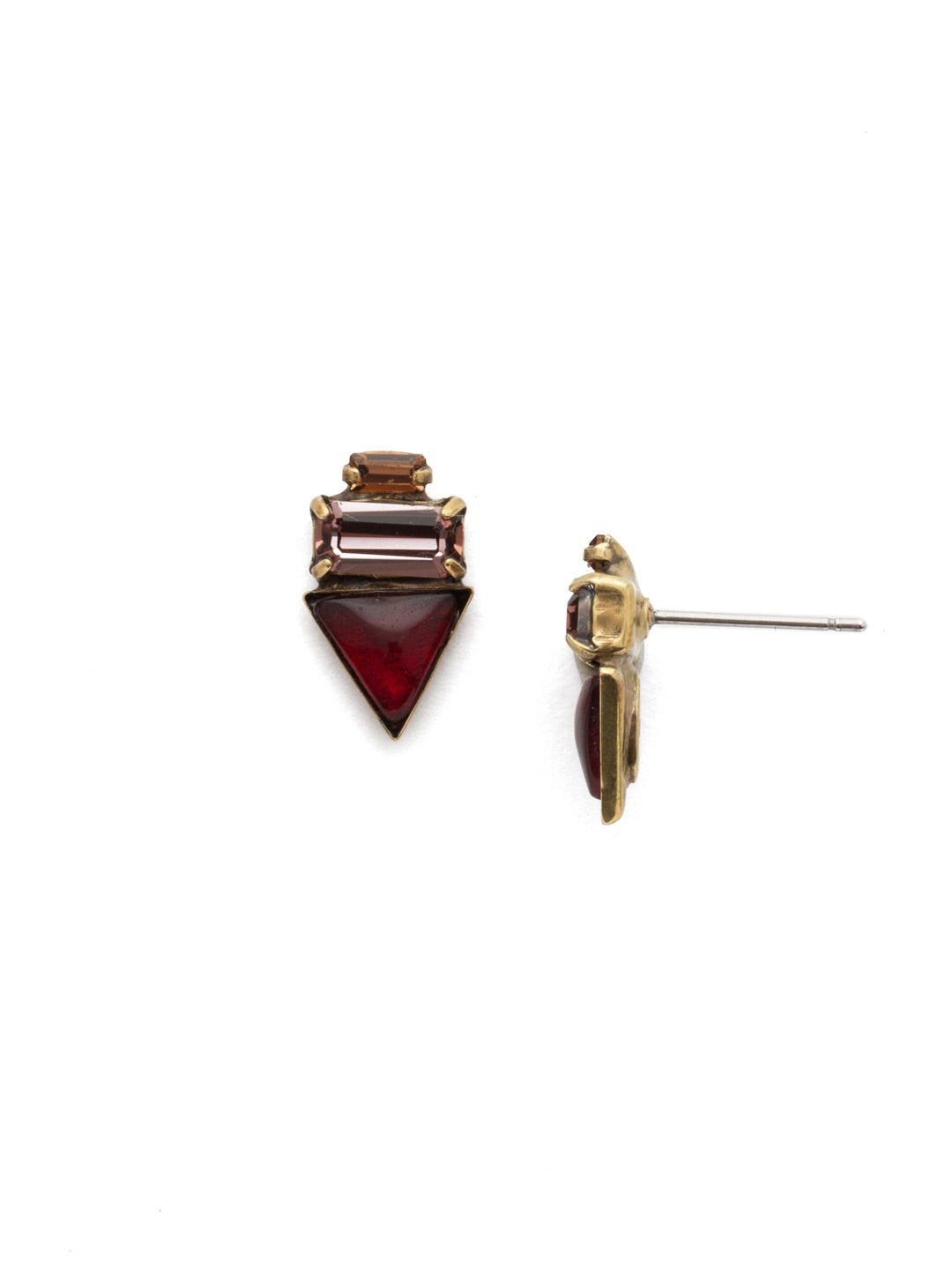 Triple Stack Stud Earrings - EDN104AGMMA - <p>A triangular crystal rests below two baguettes in this style that gets right to the point. From Sorrelli's Mighty Maroon collection in our Antique Gold-tone finish.</p>