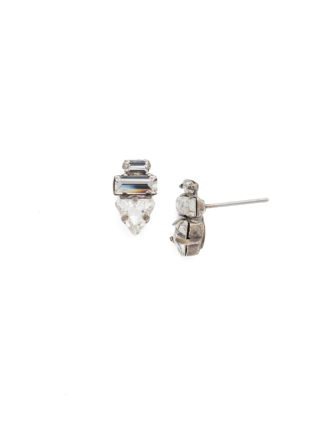 Triple Stack Stud Earrings - EDN104ASCRY - <p>A triangular crystal rests below two baguettes in this style that gets right to the point. From Sorrelli's Crystal collection in our Antique Silver-tone finish.</p>